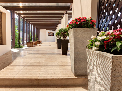 Picture of a walkway at the Costa Rica Medical Center Inn, San Jose, Costa Rica.  The picture shows beautiful flowers along the way.