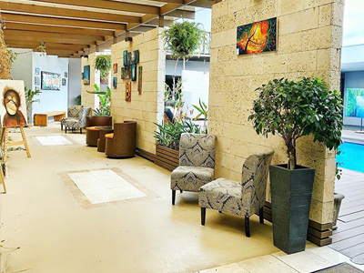 Picture of the beautiful interior at the Costa Rica Medical Center Inn, San Jose, Costa Rica.  The pool is also shown in the picture.